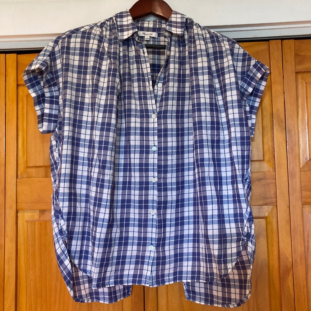 Madewell Central Plaid Button Down with Back Split Size Small Blue & White